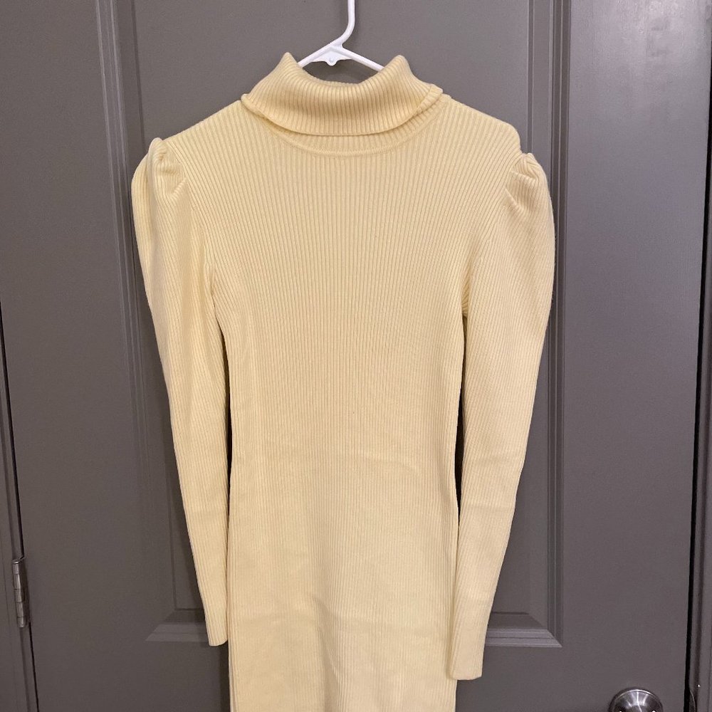 Zara Balloon Sleeve Yellow Ribbed Knit Turtle Neck Dress L